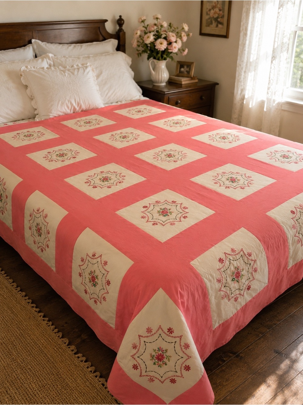 Vintage Hand Tied Embroidered Floral Quilt Pink White 86 X 70 Farmhouse Cottage